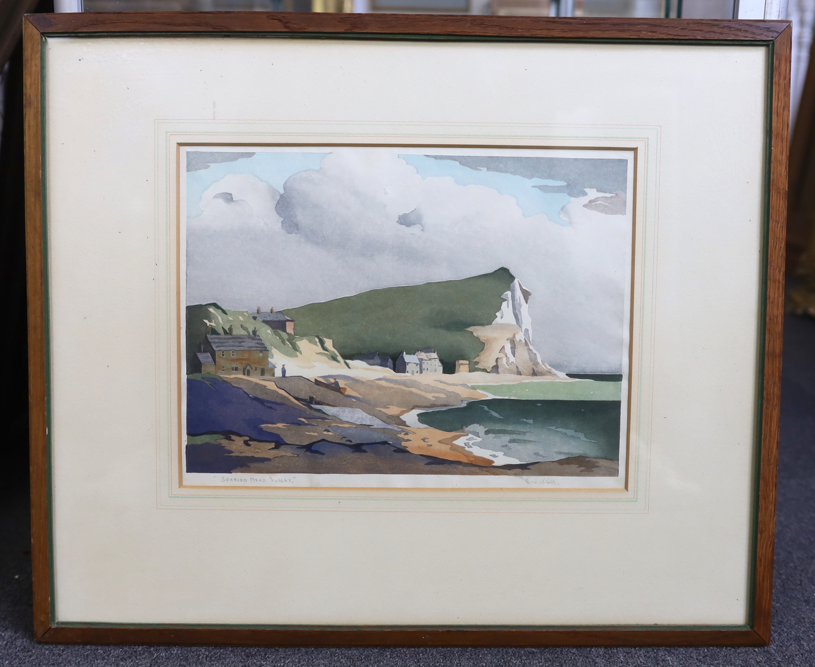 Eric Slater (English, 1896-1963), 'Seaford Head', woodcut in colours, 25.5 x 35cm